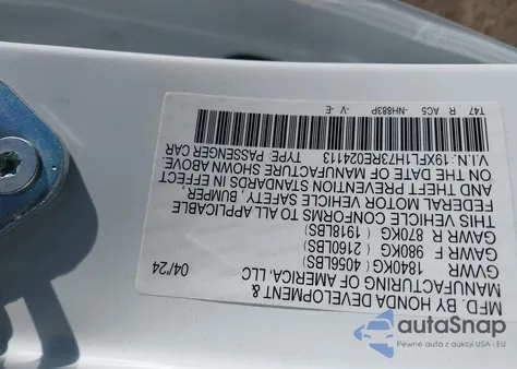 2024 Honda Civic Ex-L from USA, damaged, VIN 19XFL1H73RE024113